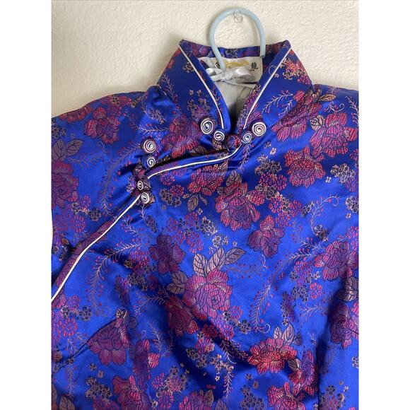 golden dragon, blue Asian Print Slit midi dress, Size 2-4 - Picture 2 of 6